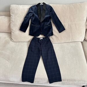 ZARA Boys Navy Velvet Blazer and Plaid Pants Set